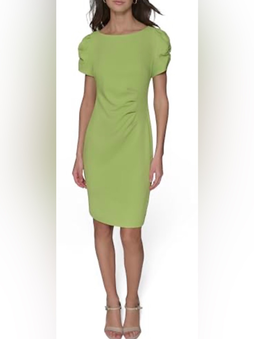 KARL LAGERFELD Women's Green Short Ruched Sleeve Jewel Neck Sheath Mini Dress 6